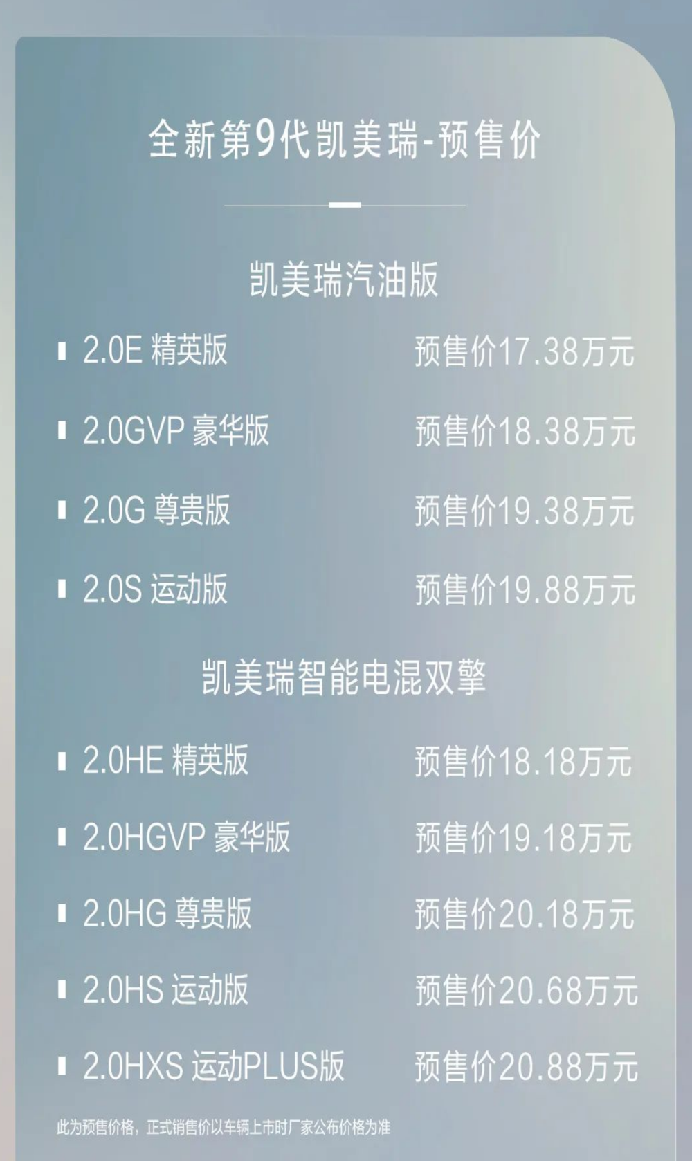 第九代凯美瑞降价预售，17.38万元起