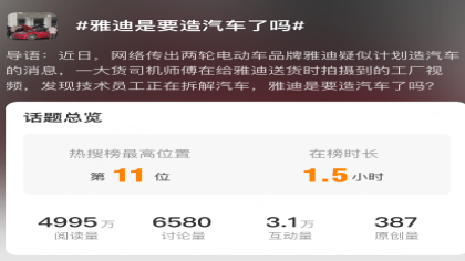 上热搜！两轮雅迪被传要造汽车