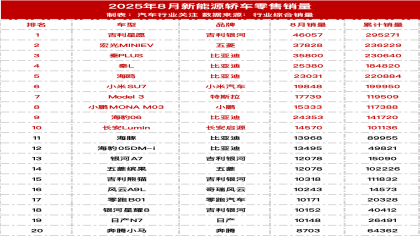 2025年8月新能源车销量榜