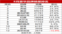 8月豪华品牌最新排名：自主红旗销量超越沃尔沃