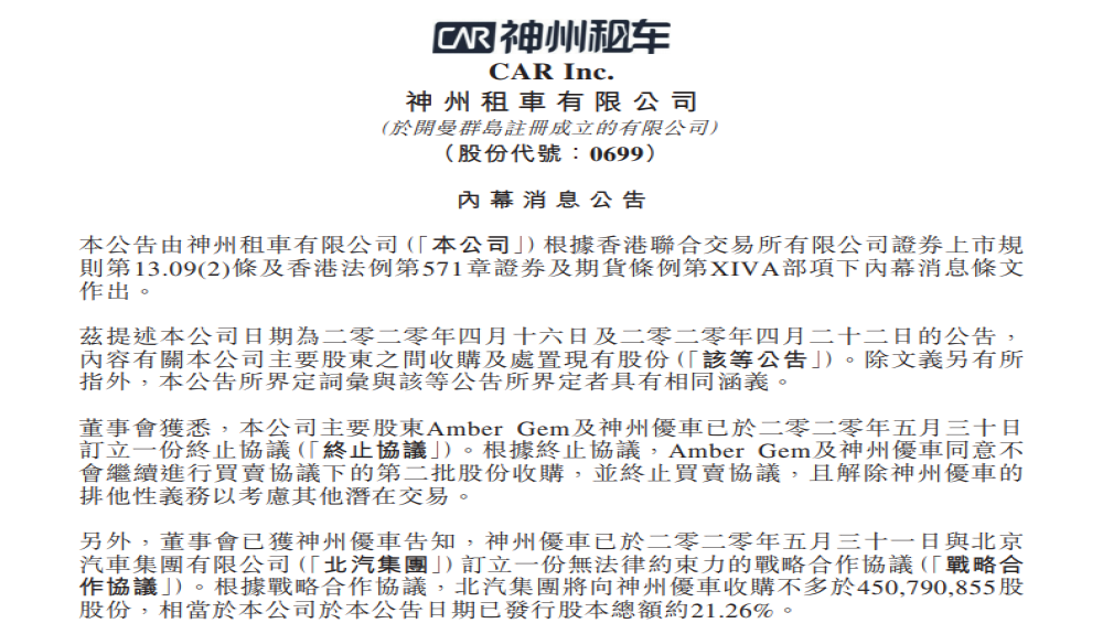 欲低价抄底？北汽集团拟收购神州租车21.26%