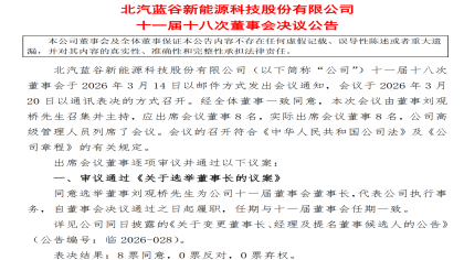 北汽蓝谷公告！刘观桥新任董事长