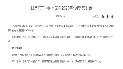 同比下滑30%！日产中国1月销量公布