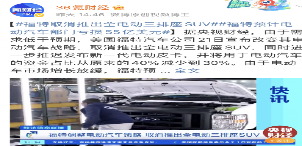 亏损继续！福特汽车调整电动化战略