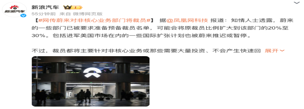 蔚来被曝将扩大裁员，官方回应：不实消息