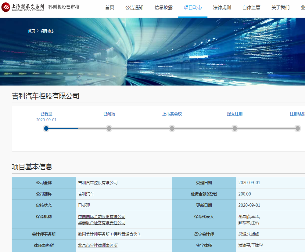 吉利汽车科创板上市申请已受理，吉利计划融资200亿元