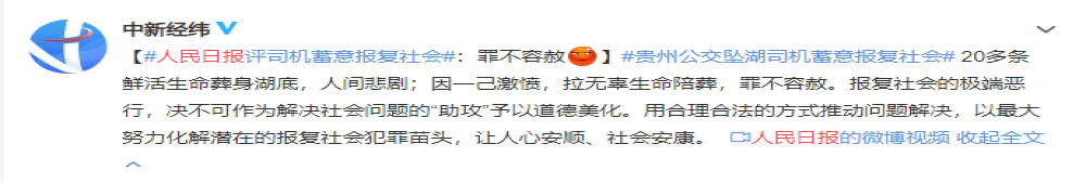 贵州公交坠湖司机蓄意报复社会，人民日报评“罪不可赦”