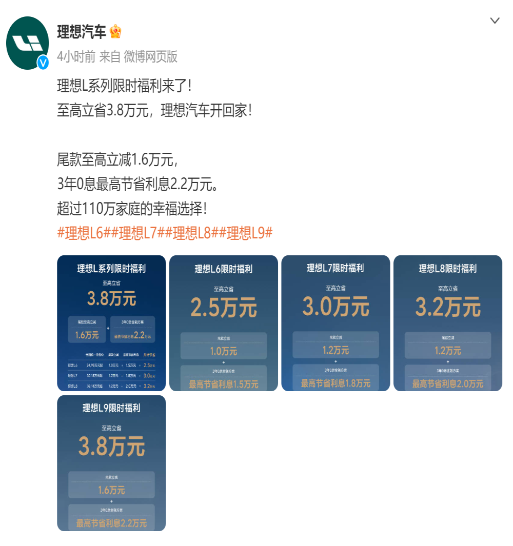 至高降3.8万！理想汽车官宣