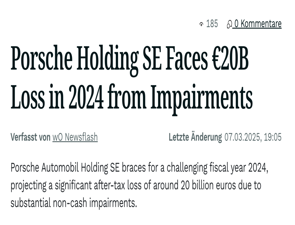 保时捷控股2024财年预计税后亏损约200亿欧元
