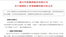 网曝：汽车经销商庞大集团 已提交破产重整申请