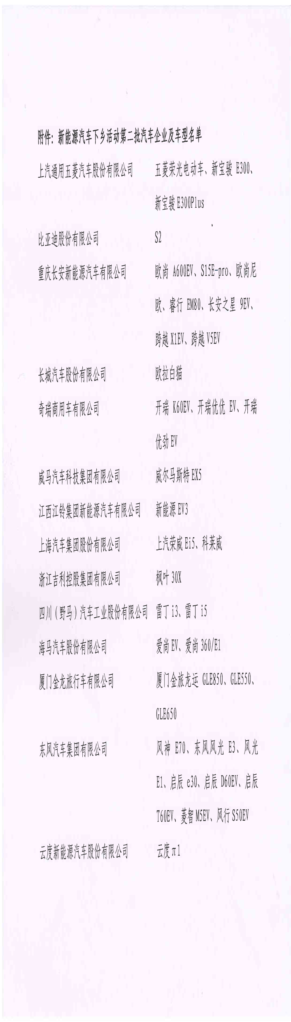 第二批新能源汽车下乡名单发布，共计36款车型